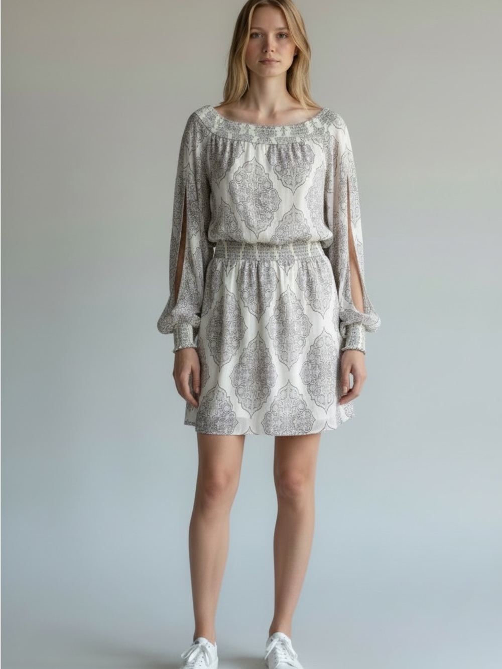 White House Black Market White and Gray Patterned Long-Sleeve Mini Dress